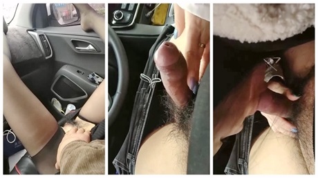 大白天带老婆户外兜风，内裤也懒得穿了，在路边找个地方停车，骚逼就想吃鸡巴，天气虽不是很好，但吃鸡开心呀！