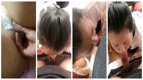嫂子露脸口活，衣服没脱，就要舔主人鸡巴，‘吃完饭啦，你怎么没等我一块儿吃‘，喂你吃鸡巴！