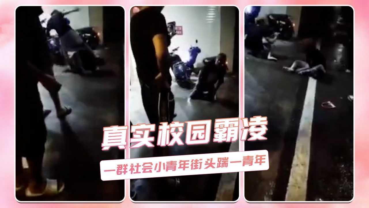 真实校园霸凌  一群社会小青年街头踹一青年
